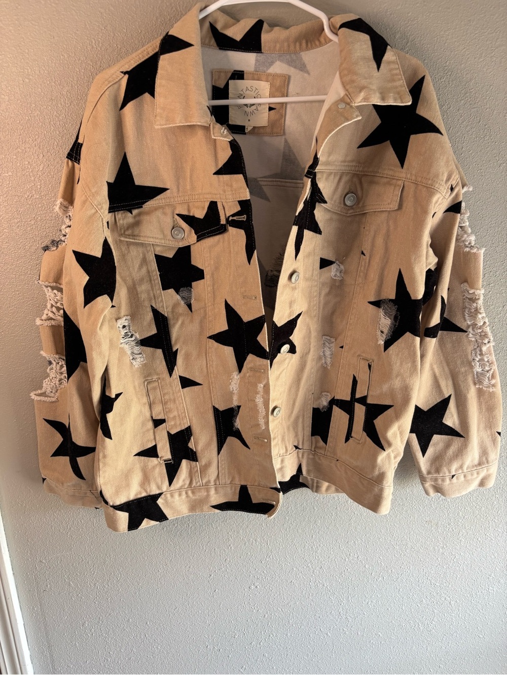 Fantastic Fawn Beige Denim Jacket with Black Star Print